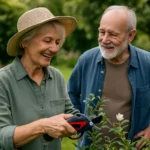 Couple senior jardinant avec un sécateur électrique dans un cadre naturel