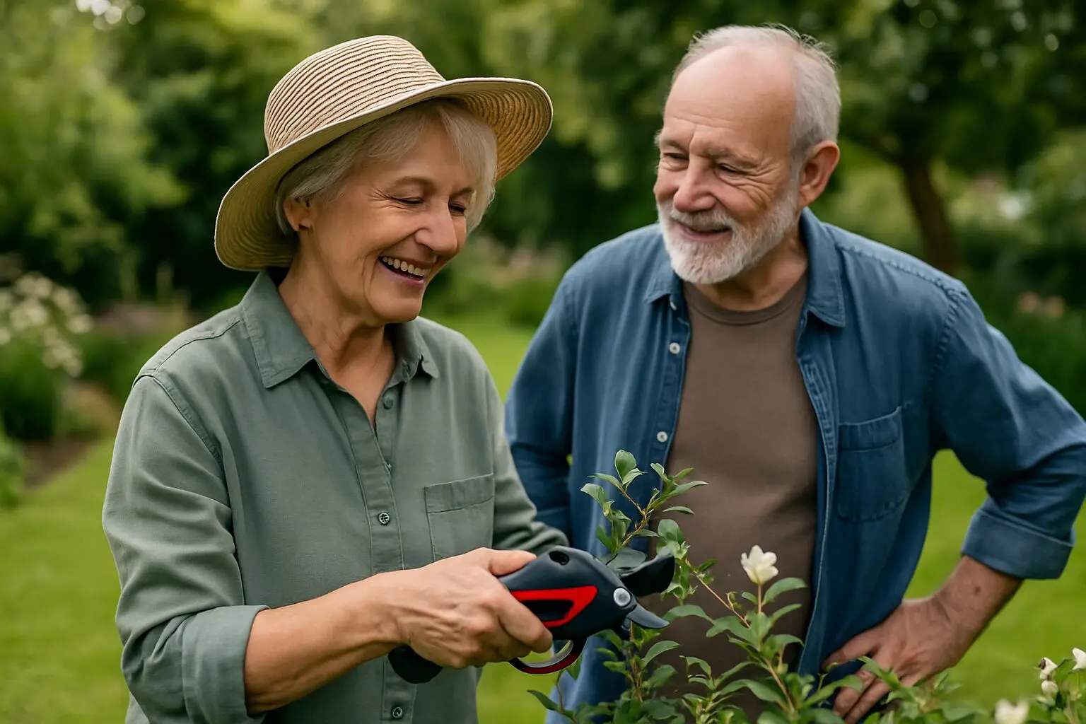 Couple senior jardinant avec un sécateur électrique dans un cadre naturel