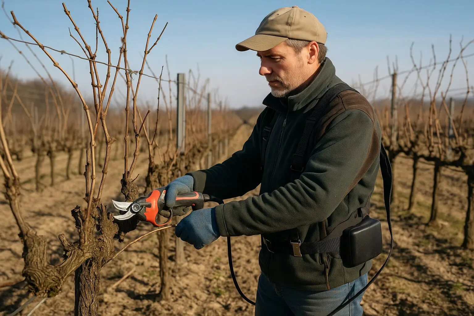 viticulteur en train de tailler une vigne avec un secateur electrique